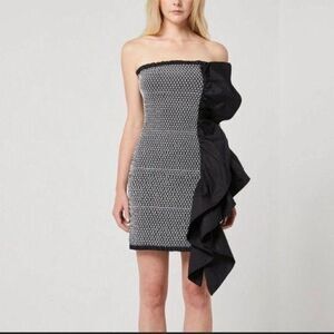 Elliatt Black White Climate Side Ruffle Strapless Smocked Bodycon Dress XS New